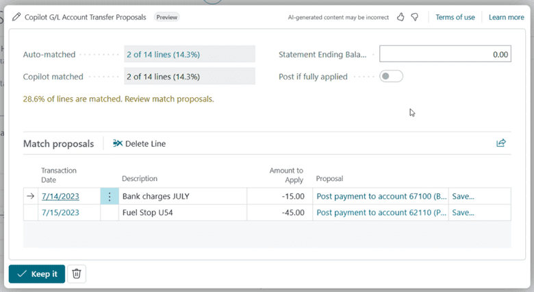 Bankafstemming met Copilot in Business Central
