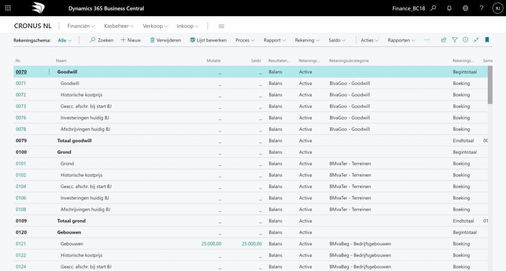Rekeningschema Dynamics 365 Business Central gekoppeld aan RGS