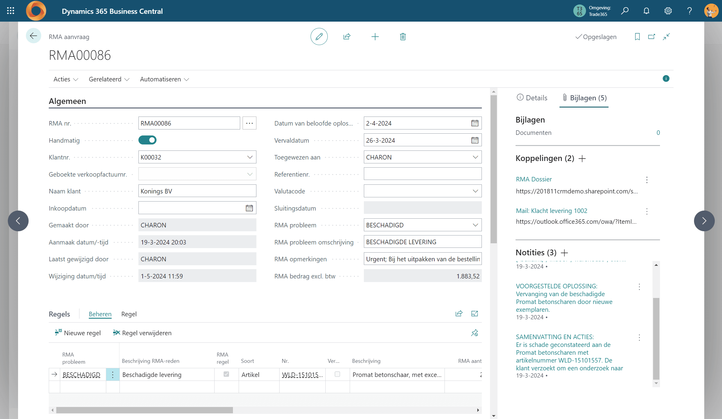 AI-gestuurde RMA-verwerking vanuit een e-mail in Trade365