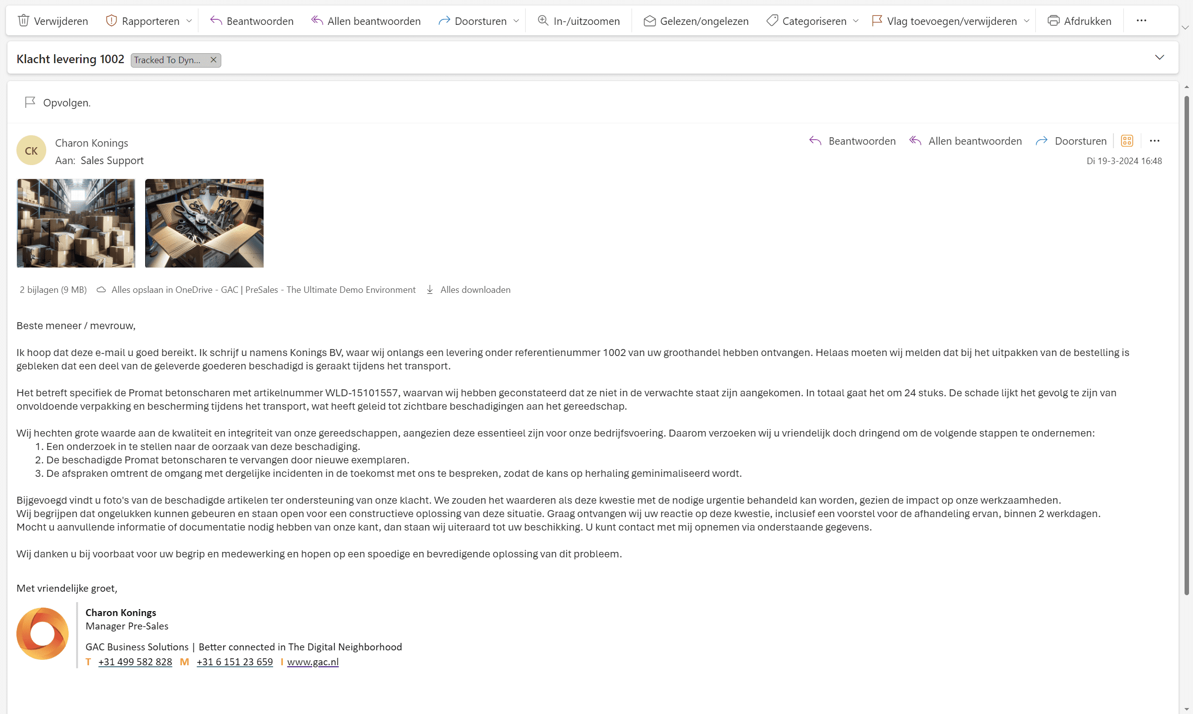 Voorbeeld van een binnenkomende e-mail die AI kan verwerken
